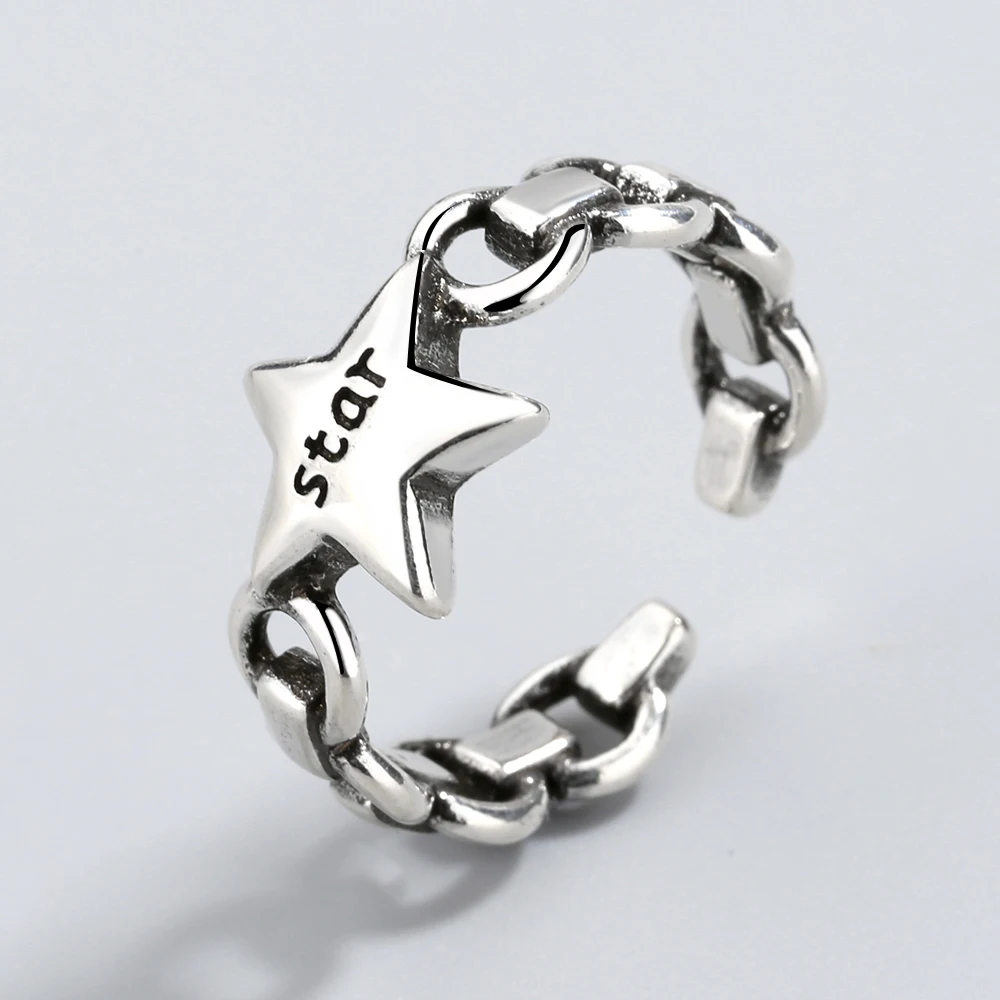 Hot Sale Vintage Pentagram Thai Silver Star Ring 925 Sterling Lock Chain Letter Open Adjustable Fine Jewelry | Украшения и