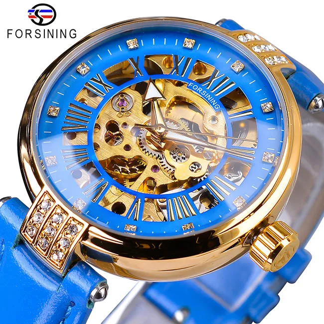 GMT1136-5 Forsining, золотой скелет, бриллиантовый дизайн, красный ремешок из натуральной кожи, водонепроницаемые женские механические часы, Топ бренд, роскошные часы - Цвет: GMT1136-5