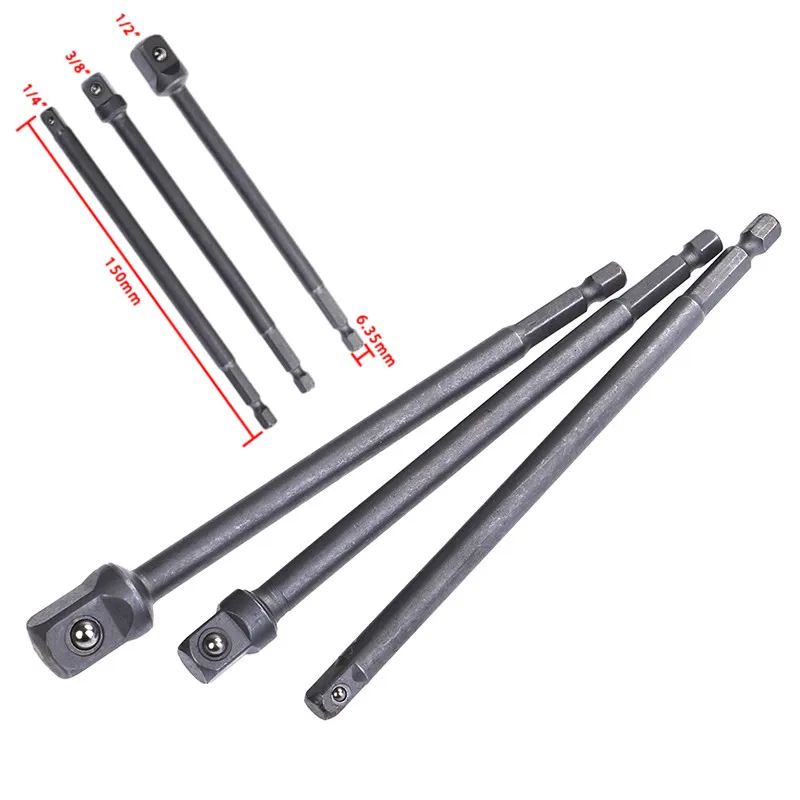 

3pcs/set Chrome Steel Socket Adapter Hex Shank to 1/4" 3/8" 1/2" Extension Drill Bits Bar Hex Bit Set Power Tools