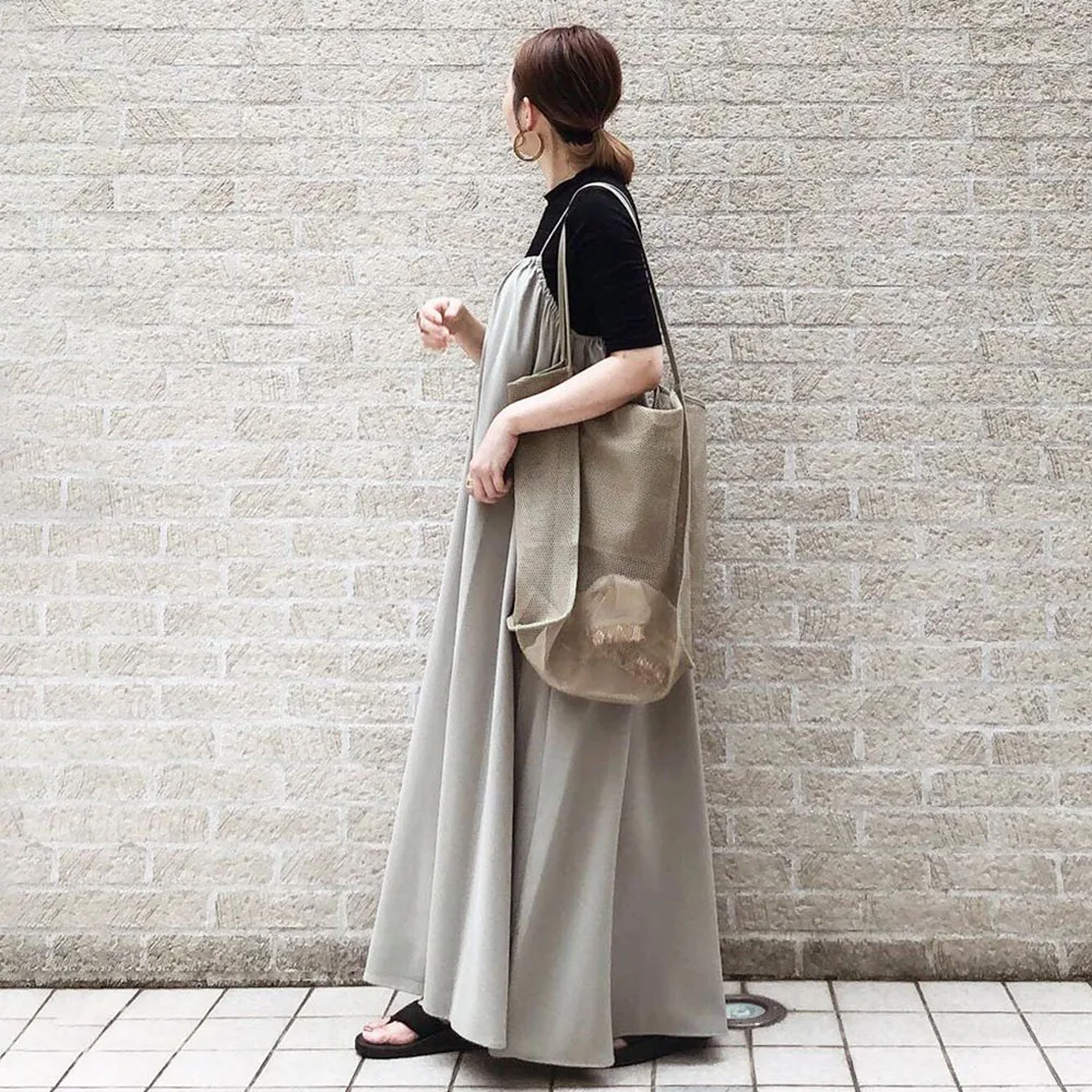 

Women Casual Long Dress Summer Plain 2020 Korean Janpanese Style Loose Spaghetti Strap Dresses Pleated Female Maxi Dress