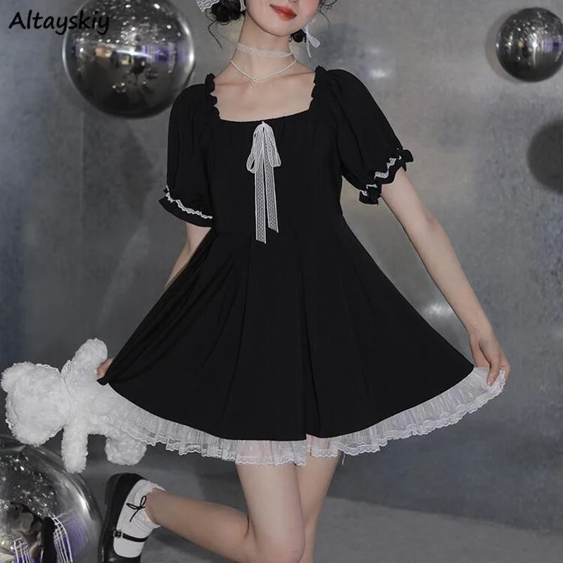 

Dress Women Lace A-line Kawaii Sweet Fashion Korean Style Teens Girls Soft Vintage Popular Summer Design Midi Leisure Vestidos