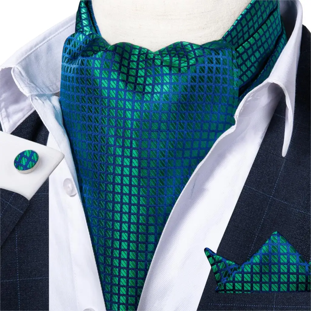 Mens Vintage Green Blue Check Silk Necktie Cravat Ascot Tie Handkerchief Set Self Tied Wedding Ascot Scrunch Necktie DiBanGu фото