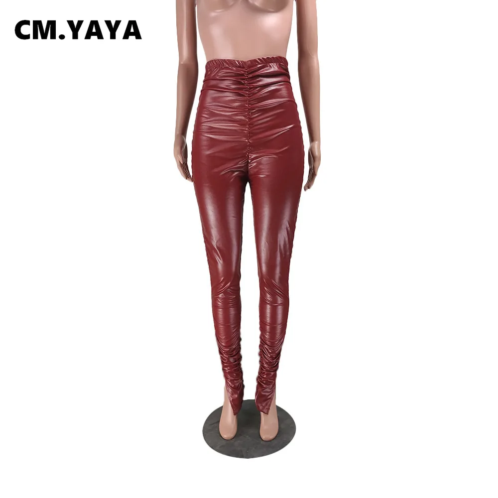 Женские брюки с высокой талией CM.YAYA уличная одежда из искусственной кожи рюшами