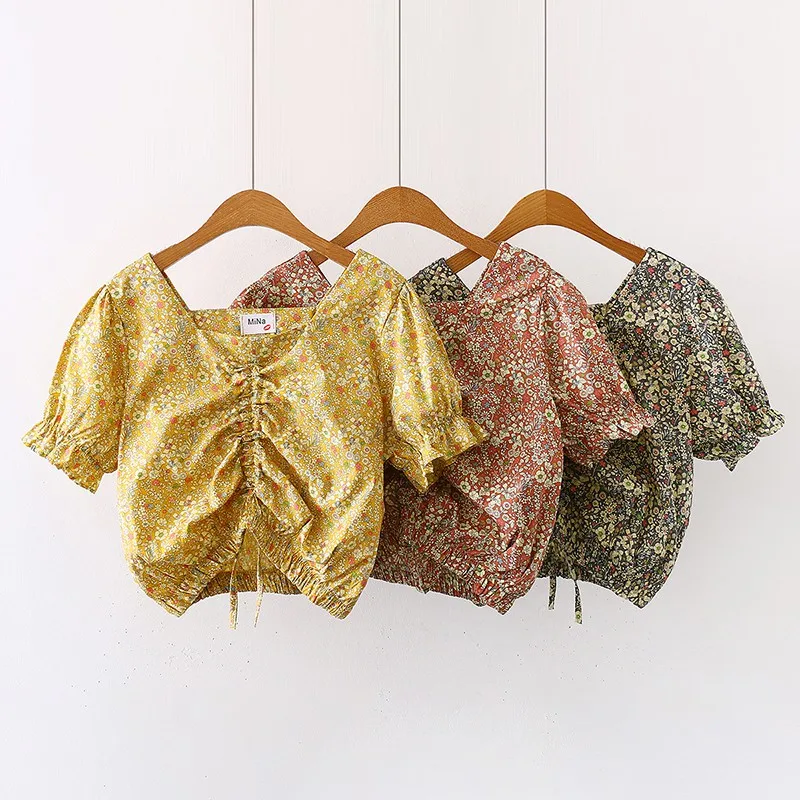 

Women's Blouses 2020 Summer Floral Print Crop Tops For Women Fashion Sweet Square Collar Puff Sleeve Short Sleeves Shirt