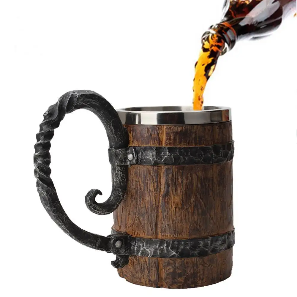 600ml Wooden Barrel Beer Mug Stainless Steel Resin 3D Tankard Coffee Cup Wine Glass Whiskey Tasting Bar Drinkware Mugs | Дом и сад
