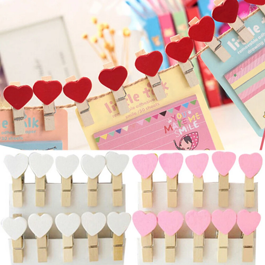 

20Pcs Colored Mini Love Heart Wooden Memo Paper Clips DIY Photo Peg Clothespins Home Decoration Office Supplies