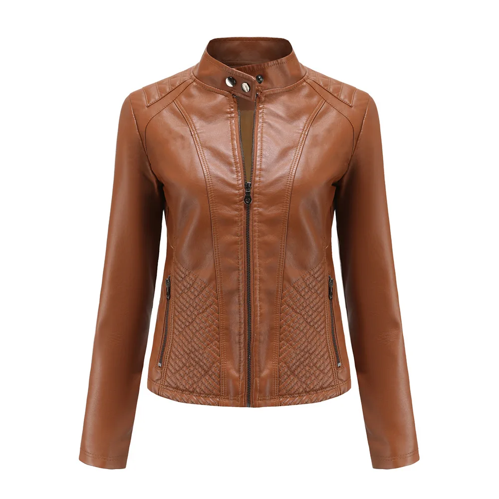 Autumn Winter PU Leather Jacket Women Stand-up Collar Simple Style Solid Biker Jacket Casual Slim Thin Coat Ladies Outwear 3XL enlarge