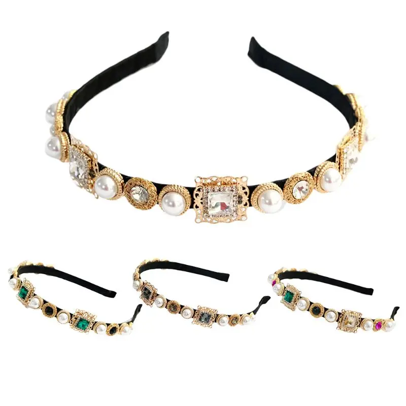 

Baroque Vintage Full Jewelry Embellished Headband Women Banquet Prom Crown Hair Hoop Colored Alloy Imitation Diamond Headpiece
