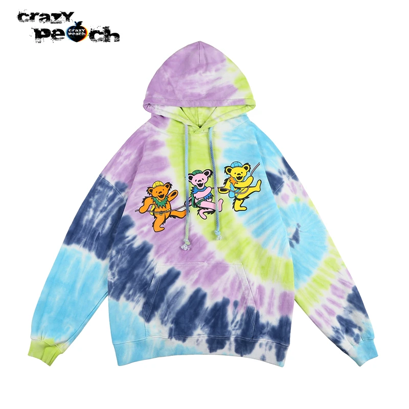 

2021 HipHop Tie dye Hoodie Sweatshirt Little bear Print Streetwear Pullover Harajuku Cotton Hooded Hoodie Men Autumn Sweat Shirt