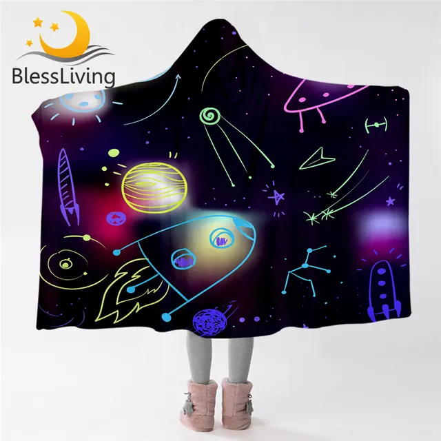 BlessLiving Space Hooded Blanket Cartoon Watercolor Blanket Hoodie Cosmic Spaceship Wearable Blanket Dipper Cobertor Dropship 1