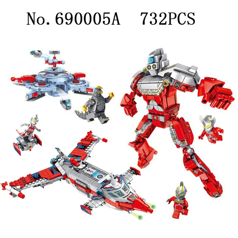 

690005A 732 pieces of Ultraman spaceship 5 in 1 ZAT base children's educational gift assembled building block toy