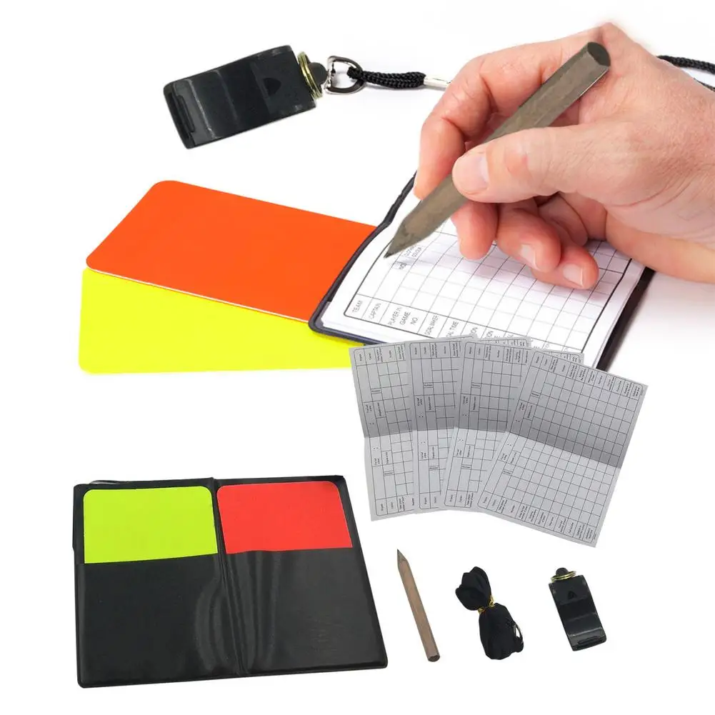 

Football Soccer Referee Card Sets Warning Referee Red And Yellow Cards With Wallet Score Sheets Whistle Stylus Judge Accessories