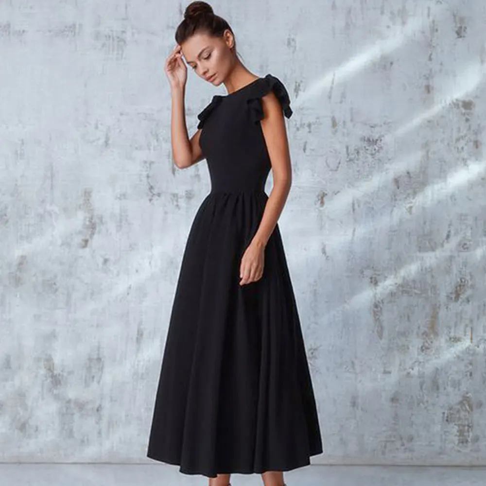 

2021 New Women's Elegant Stitching Design Bandage Dress Black Maroon Round Neck Ruffled Waist Long Skirt Celebrity Party Dresses