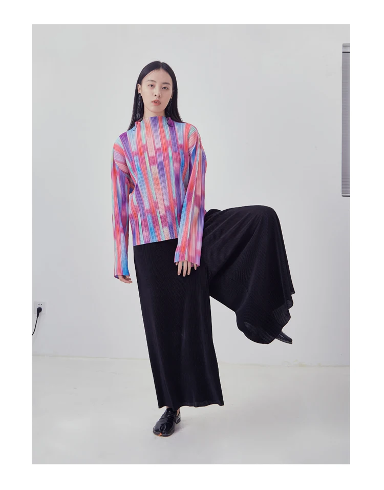 HOT SELLING Miyake fold fashion stand neck T-shirts + stripe skirt  Rainbow stripe  two-piece suit IN STOCK