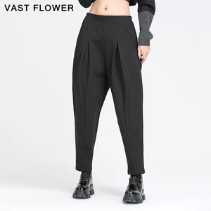 Брюки-султанки женские плиссированные в стиле пэчворк, свободные модные Универсальные повседневные штаны с эластичным поясом, черные карманы, осень 2020