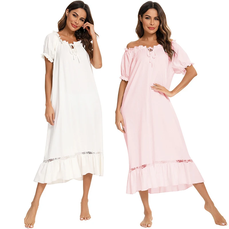 

Witbuy Summer Cute Sleepwear Loose Short Sleeve Women Nightdress Slash Neck Female Nightgown Casual Soft Ladies Maxi Home Dress