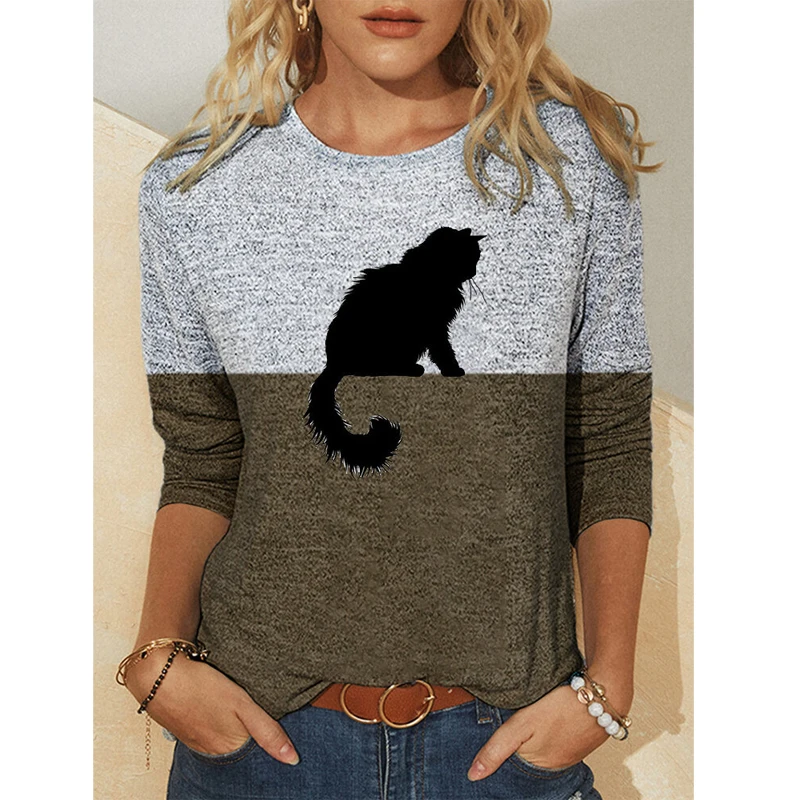 

Spring Casual Harajuku T Shirts Women's Clothes Funny Cute 3D Cat Cartoon Print Long Sleeve Tshirt Tee Shirt Femme Pullover Tops