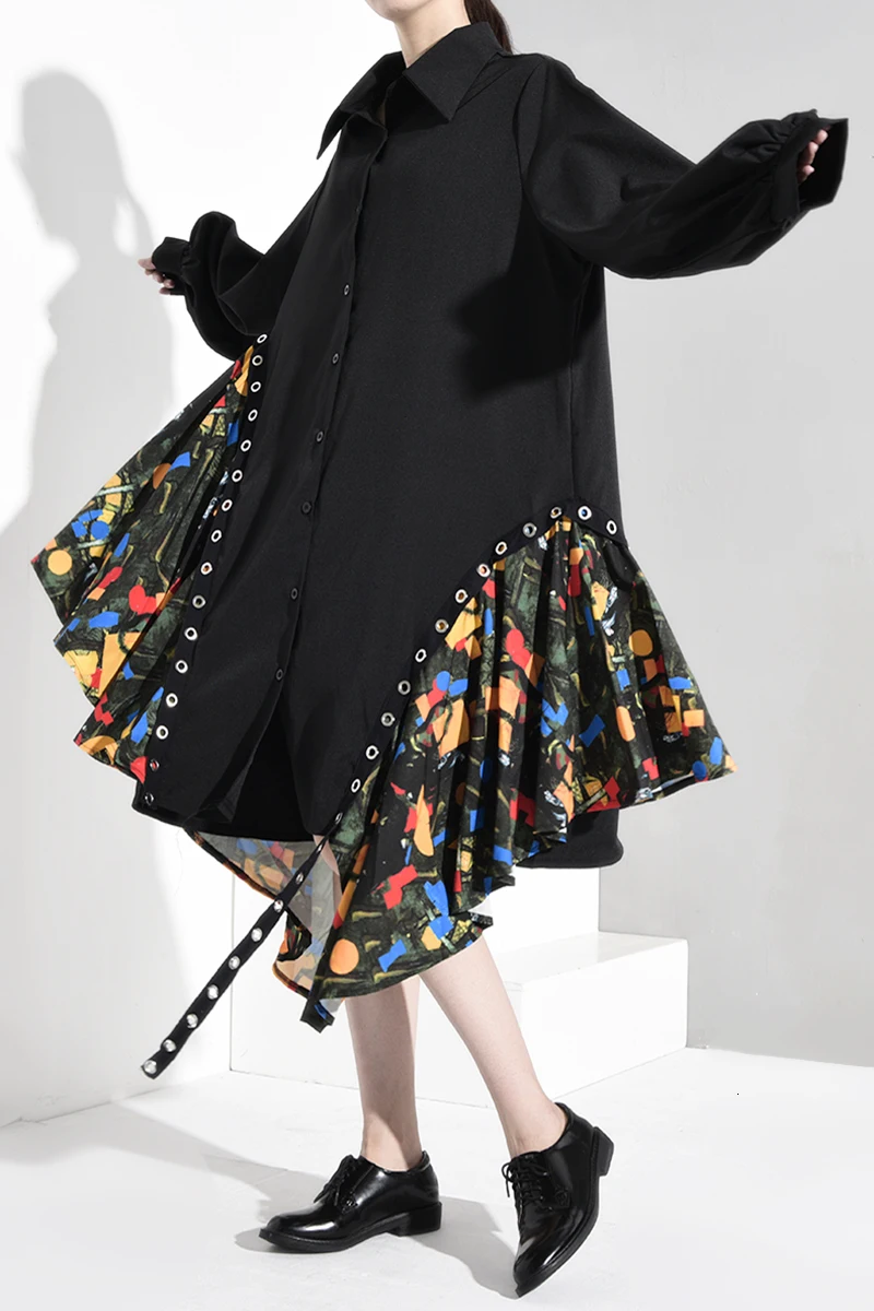 [EAM] Women Black Print Asymmetrical Big Size Shirt Dress New Lapel Long Sleeve Loose Fit Fashion Spring Autumn 1B060