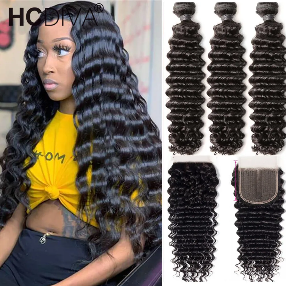 Deep Wave Bundles With Closure 40Inch Deep Curly Bundle With Closure 5x5 T Part Lace Closure Remy Brazilian Human Hair Extension