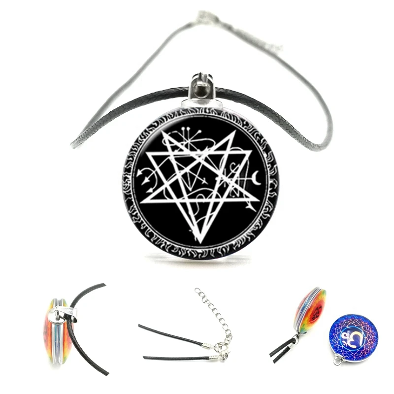 

2020bull Head Five-pointed Star Double-sided Pendant 25mm Glass Cabochon Black Leather Cord Necklace Men and Women Jewelry Gifts