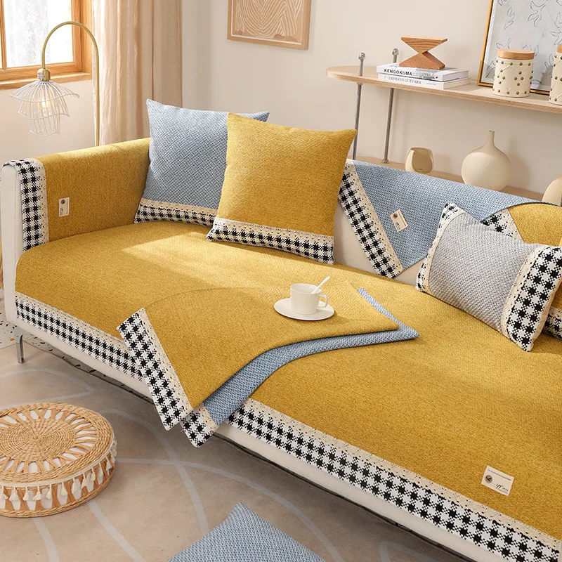 

Cotton Linen Sofa Cover Plaid Solid Pattern Nonslip Sofa Cushion Modern Four Seasons Towel Cover Universal Pillow Case