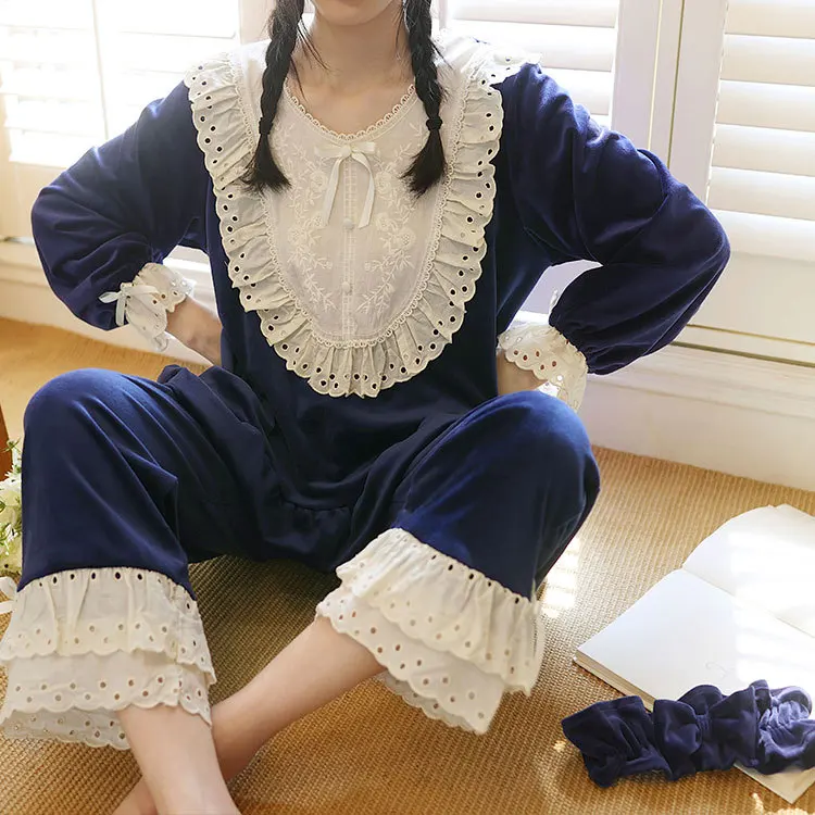 

New Winter Flannel Warm Pajamas Korean Kawaii Lace Pajama Set Fashion Pijama Mujer Leisure Home Cloth Pyjamas Women Sleepwear