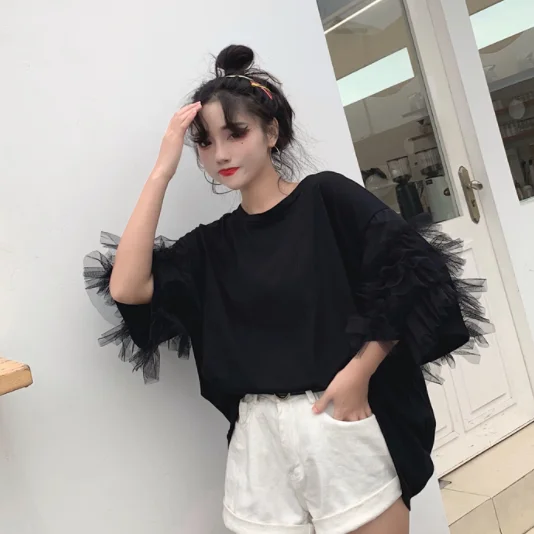 Свободная летняя футболка оверсайз с коротким рукавом сетчатый хлопковый топ