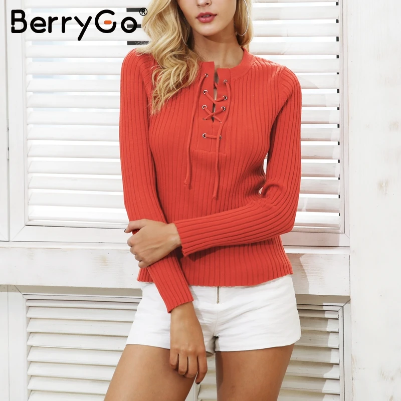 Женский вязаный свитер с круглым вырезом BerryGo Повседневный пуловер завязками