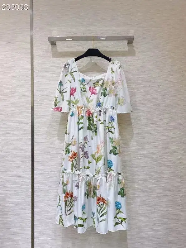 

Vintage Midi Dress Women's Square Collar Short Sleeves Flowers Print Ladies Party Runway Holiday Dress