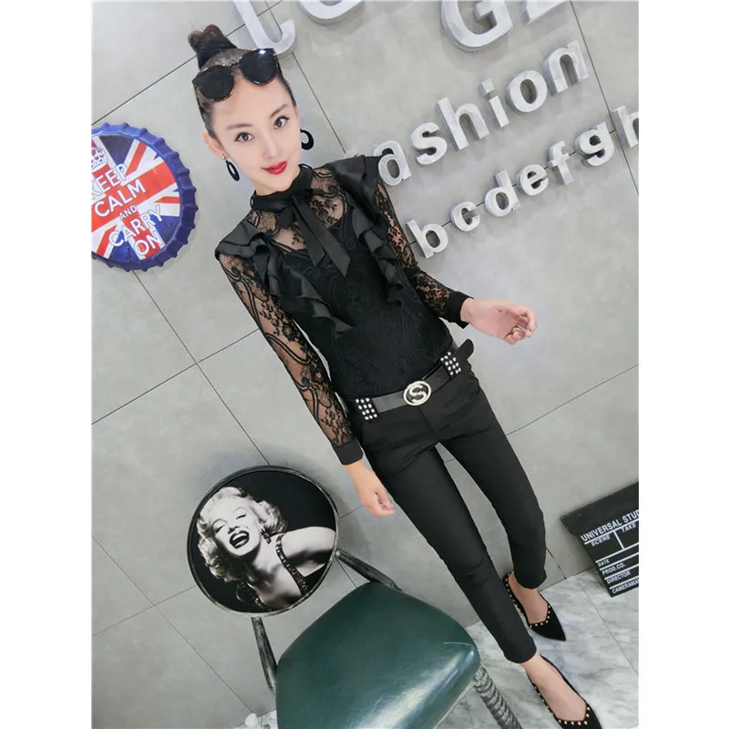 

Korean Fashion Pullover T-shirt Patchwork Lace Tees 2019 New Spring Autumn Women Sexy Ruffles Bowknot T Shirts Clothes T9N801