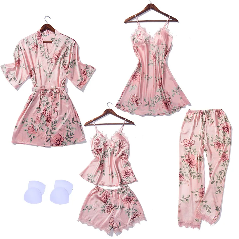 Сексуальная Домашняя одежда пижамы женские 5 шт ремень топ брюки костюм банные