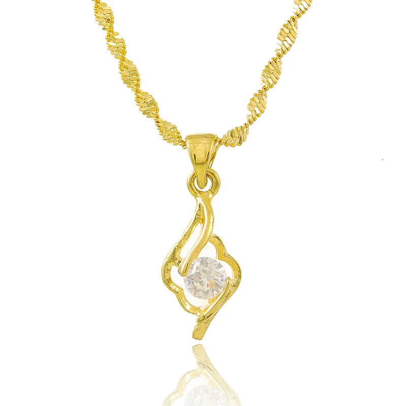 Pure Gold 24K Necklace Electroplating Zircon Crystal Pendant 2MM46CM Water Wave For Women's Wedding Jewelry G | Украшения и