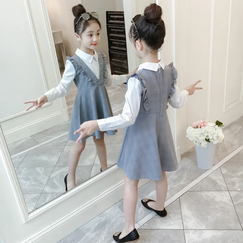 Kids Dress For Girls Plaid Patchwork Fake 2 Pcs Clothes Spring Autumn Long Sleeve Party | Детская одежда и обувь