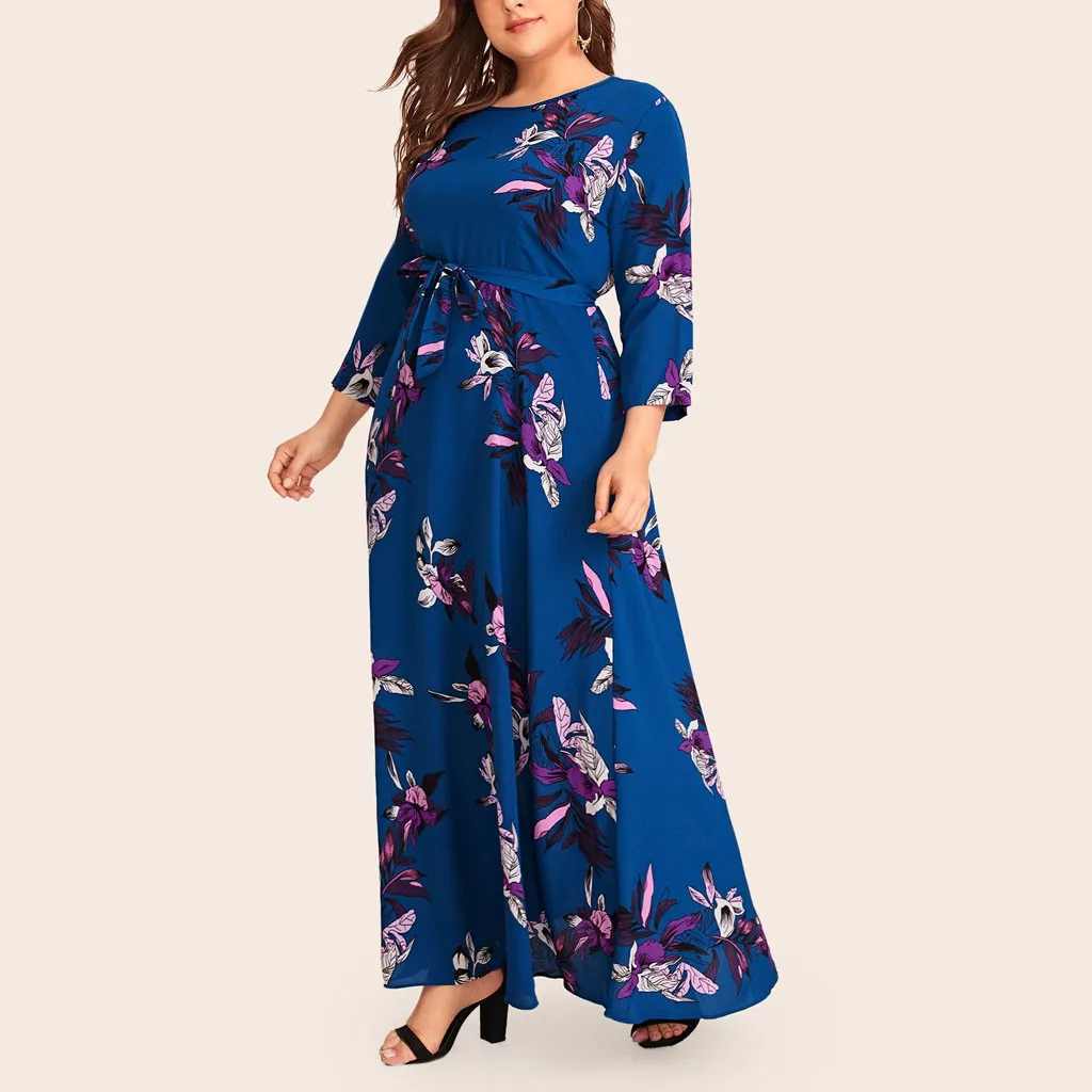 MISSOMO Plus Size 5XL dress Women maxi dress Casual Floral Print O-Neck Long Sleeve Bandage long Dress with belt vestidos 813