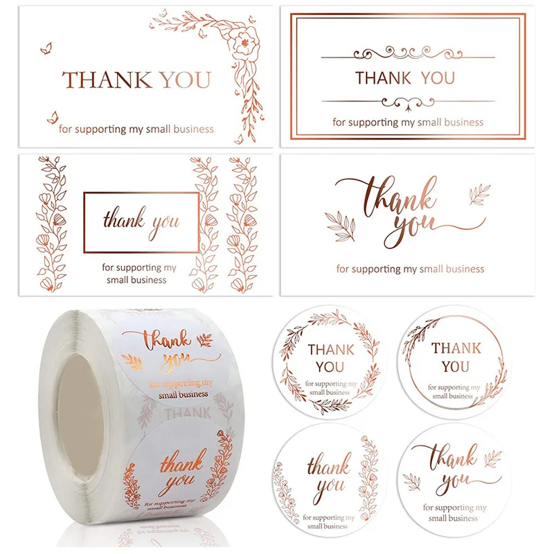 

500pcs 3.8cm Rose Gold Thank You Flower Print Purchasing Commercial Decorative Stickers Label 50pcs Thank You Paper Cards