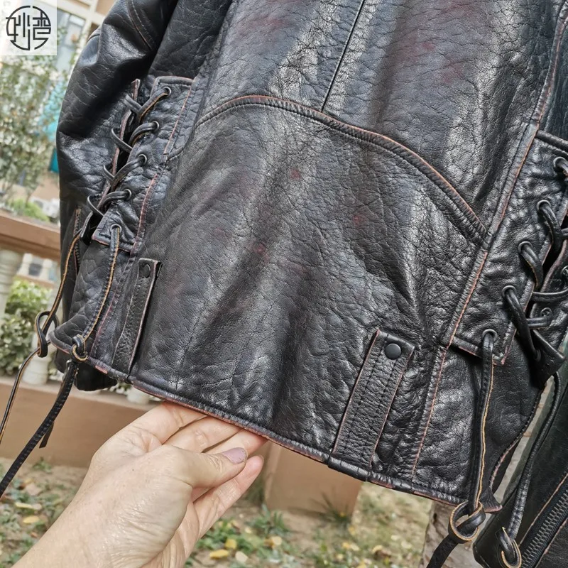 

2020 Vintage Brown Men American Style Motorcycle Jacket Plus Size 6XL Genuine Thick Cowhide Winter Biker's Leather Coat