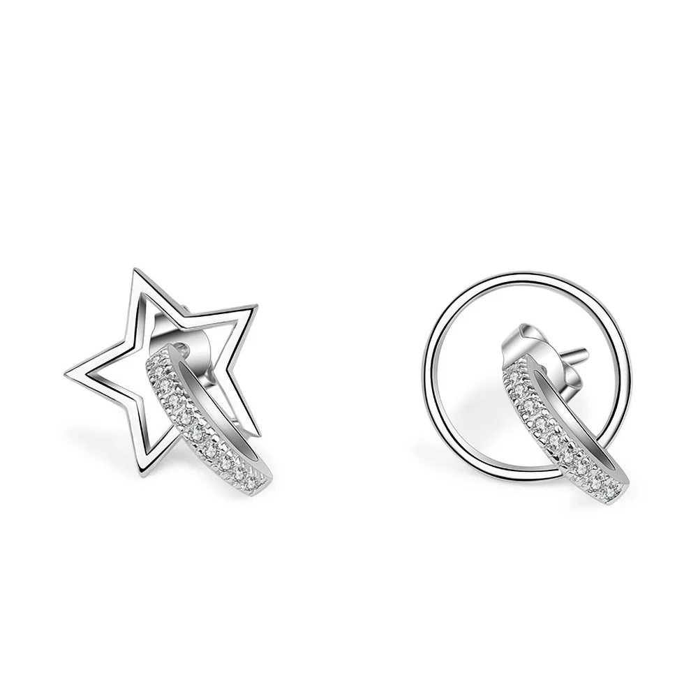 

TKJ Elegant Stud Earring 925 Silver Shining Moissan Diamond Asymmetric Moon Star Couple Earrings