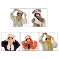 cute dog shape 3 in 1 hat scarf gloves set women winter plush hooded scarf with mittens funny headband cap with long scarf wraps
