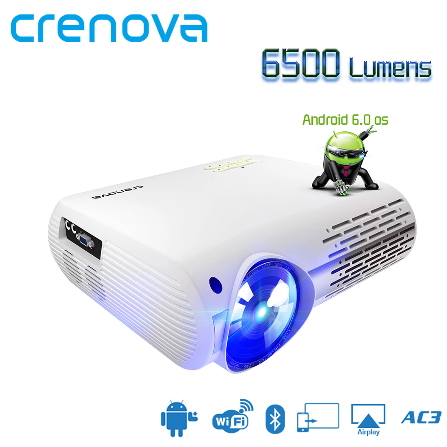 CRENOVA самая высокая яркость Android проектор 6500 люмен Android 6,0 OS с wifi Bluetooth HDMI VGA AV USB видео проектор