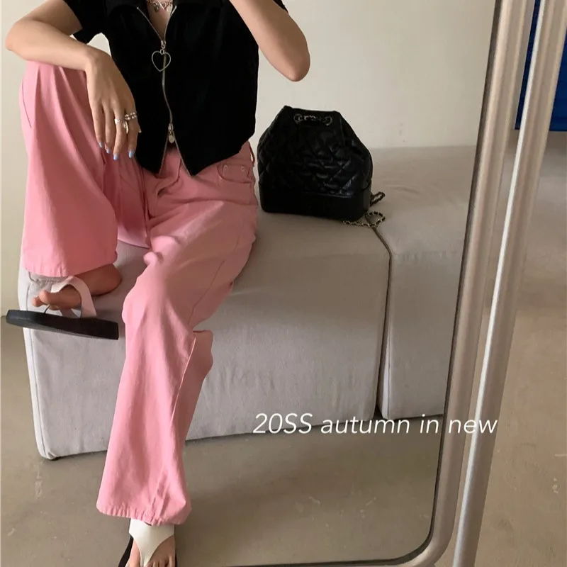 

Sweet Pink Jeans Women's High Waist Straight Wide Legs Casual Trousers Spring Summer of 2021 Pantalones De Mujer Cintura Alta