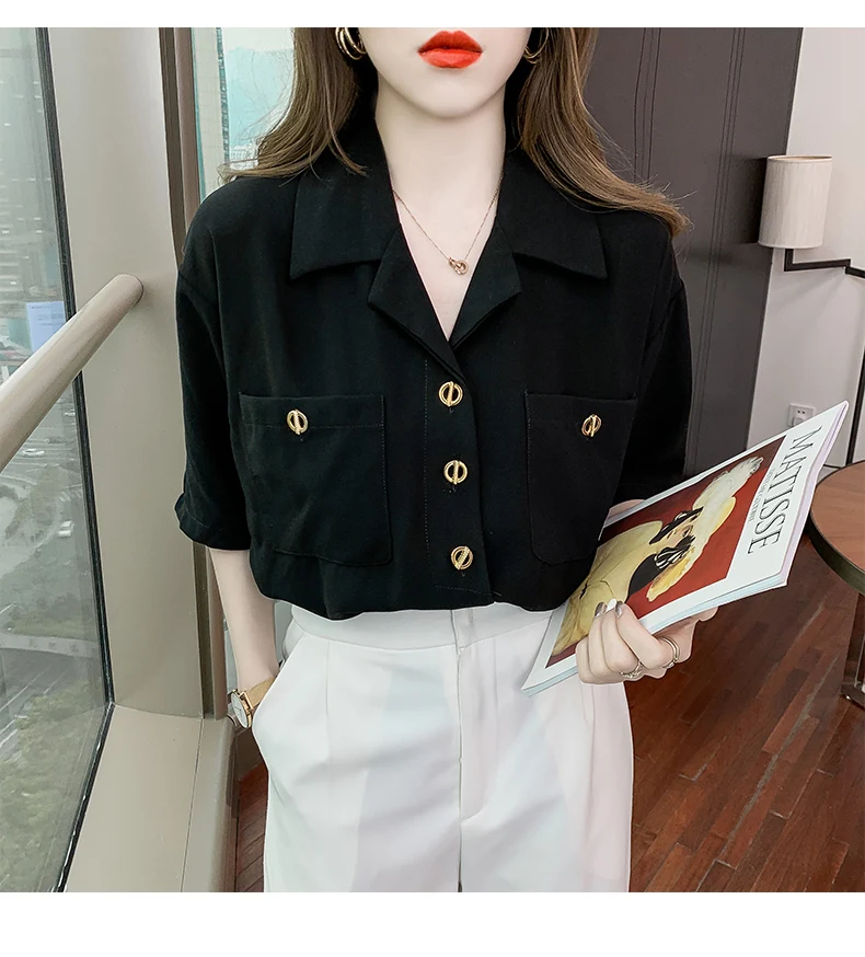 

Chiffon Loose Women's Shirts New Fashion Blouses Casual Short Sleeve Blusas Solid Pocket Buttons V-neck Shirts Summer Houthion
