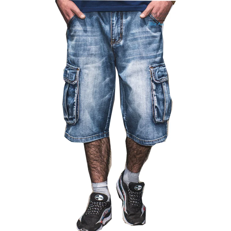 Pantalones vaqueros con múltiples bolsillos para hombre, Vaqueros cortos azules, ropa de calle, holgados, de talla grande, 2021