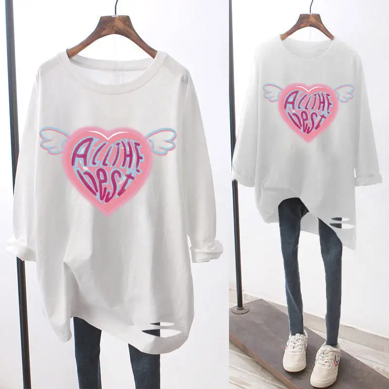 

2021 New Style Women's Spring Mid-length Heart-shaped Print Korean Style Blouse Hollow Out Loose Long-sleeved T-shirt Women