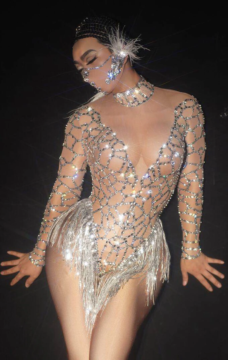 Sparkly Silver Rhinestones Nude Mesh Transparent Fringe Bodysuit Luxurious Dance Costume Sexy Nightclub Bar DJ Singer Stage Wear