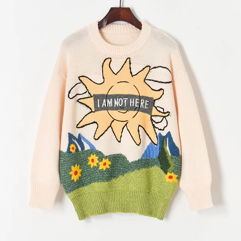 Женский вязаный Свитер оверсайз толстый свитер контрастных цветов с вышивкой