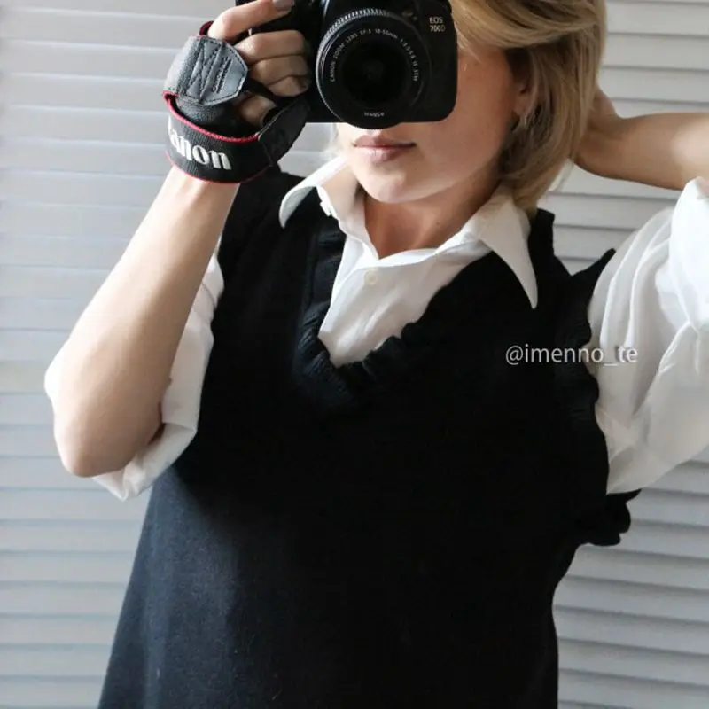 Женский трикотажный жилет GIGOGOU черный плотный Трикотажный с V-образным вырезом