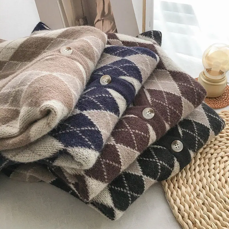 

Sweater Vests Women Single Breasted Argyle Sweaters Sleeveless Vintage Students Loose Preppy Leisure V-neck Knitwear Jumpers New