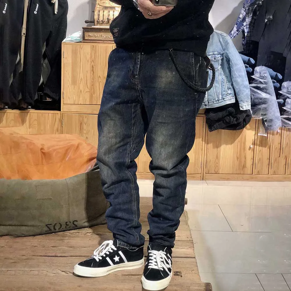 Men Pants Retro Jeans Denim Fabric Sand Washing Old Craftsmanship Vintage Texture Straight Slim Fit Trousers Streetwear Clothes