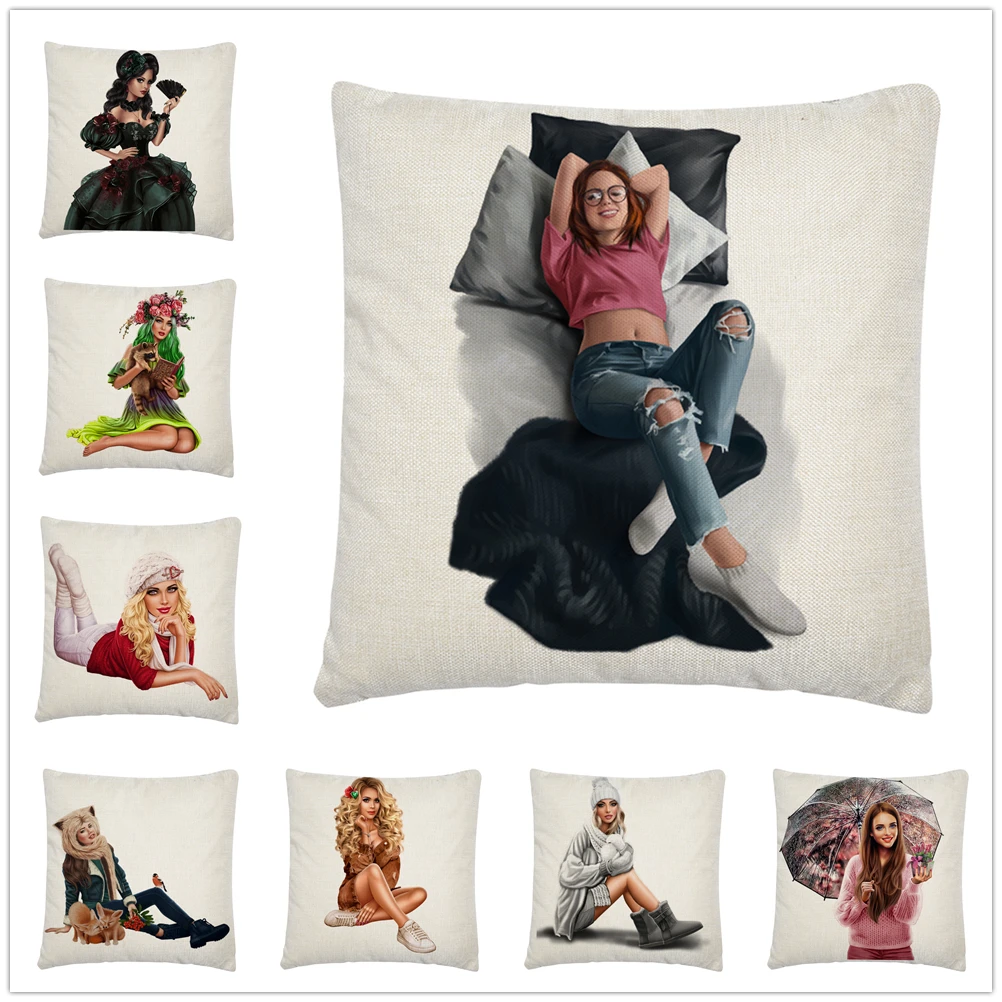

Льняная наволочка с мультяшным рисунком для девушек и женщин, наволочка для украшения дома, дивана, автомобиля, наволочка 45x45 см