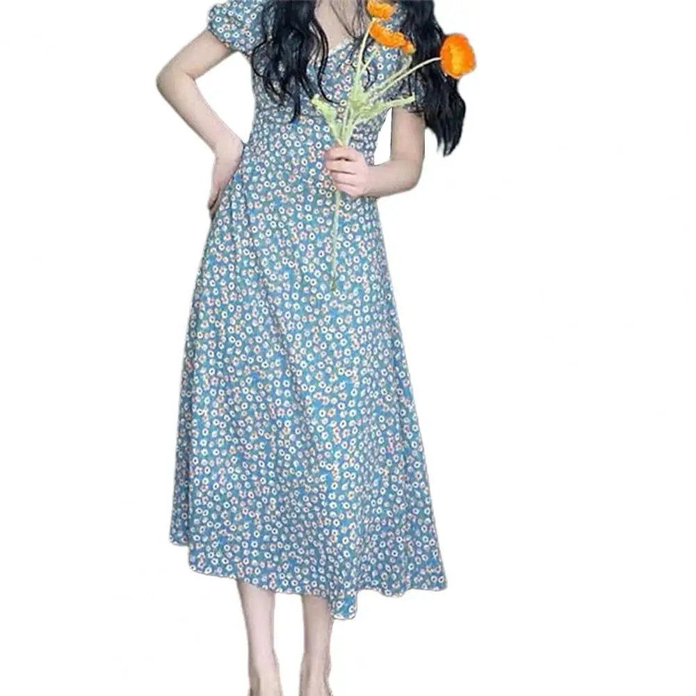 

80% Dropshipping!!Summer new style small fresh dress with puff sleeve long women's floral print A-line skirt dating